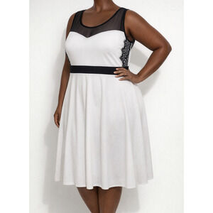 Urban Rose White Sleeveless Dress w Black Sheer Trim & Knee-Length A-Line